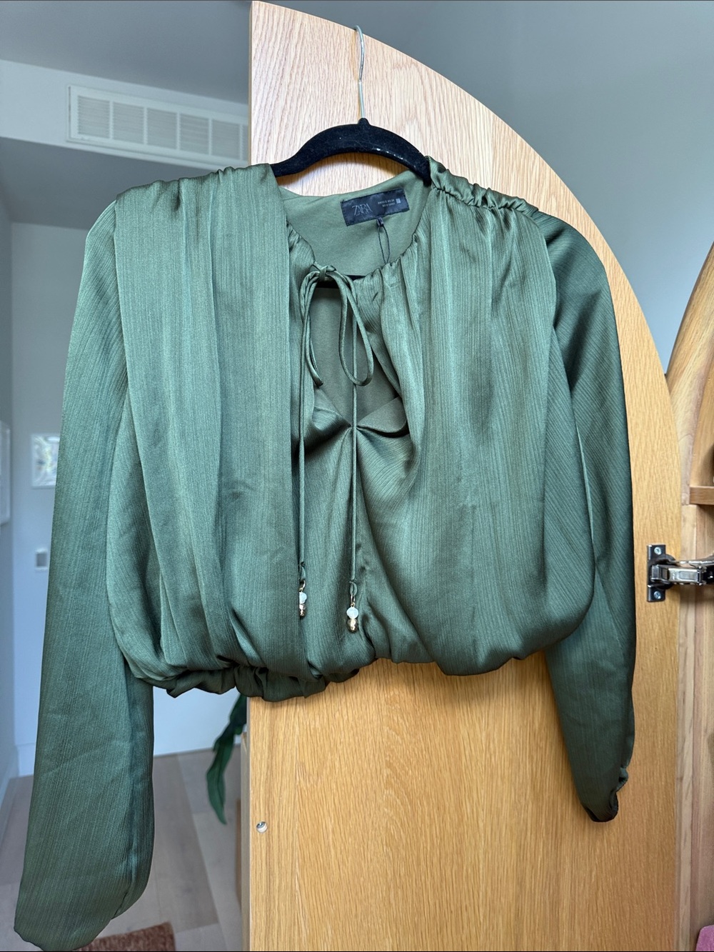 Zara Olive Green Tie-Front Peasant Blouse